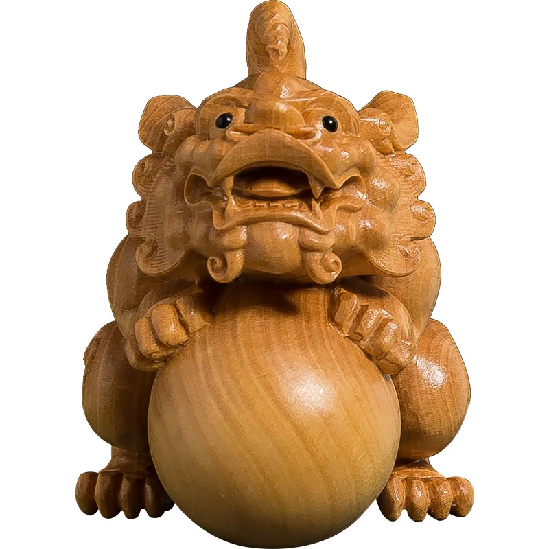 Handcrafted Pixiu Statue in Boxwood, Chinese Dragon Mascot, Emblem of Luck Exquisite Wood Carving Artistry Holding Symbolic Ball