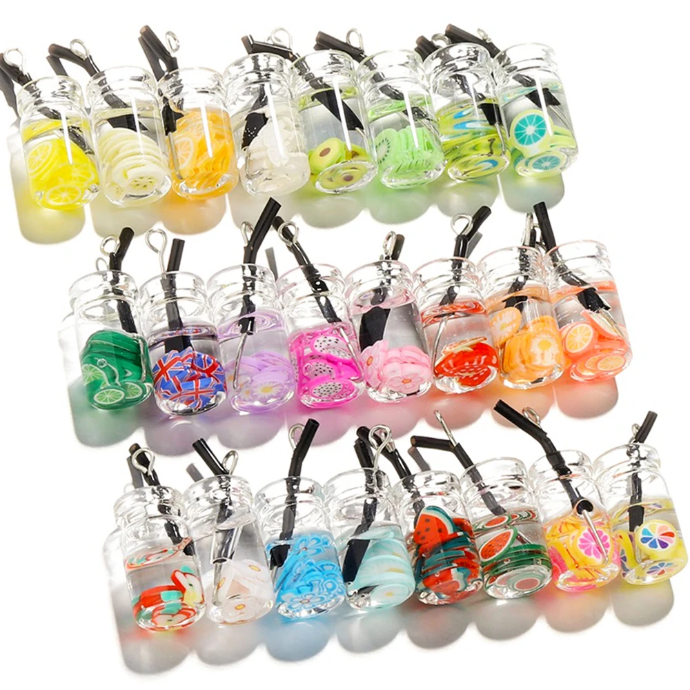 10Pcs/Lot Mini Glass Resin Bottle Charms Fruit Juice Tea Charm Dangle Earring Necklace Pendants for Christmas DIY Jewelry Making