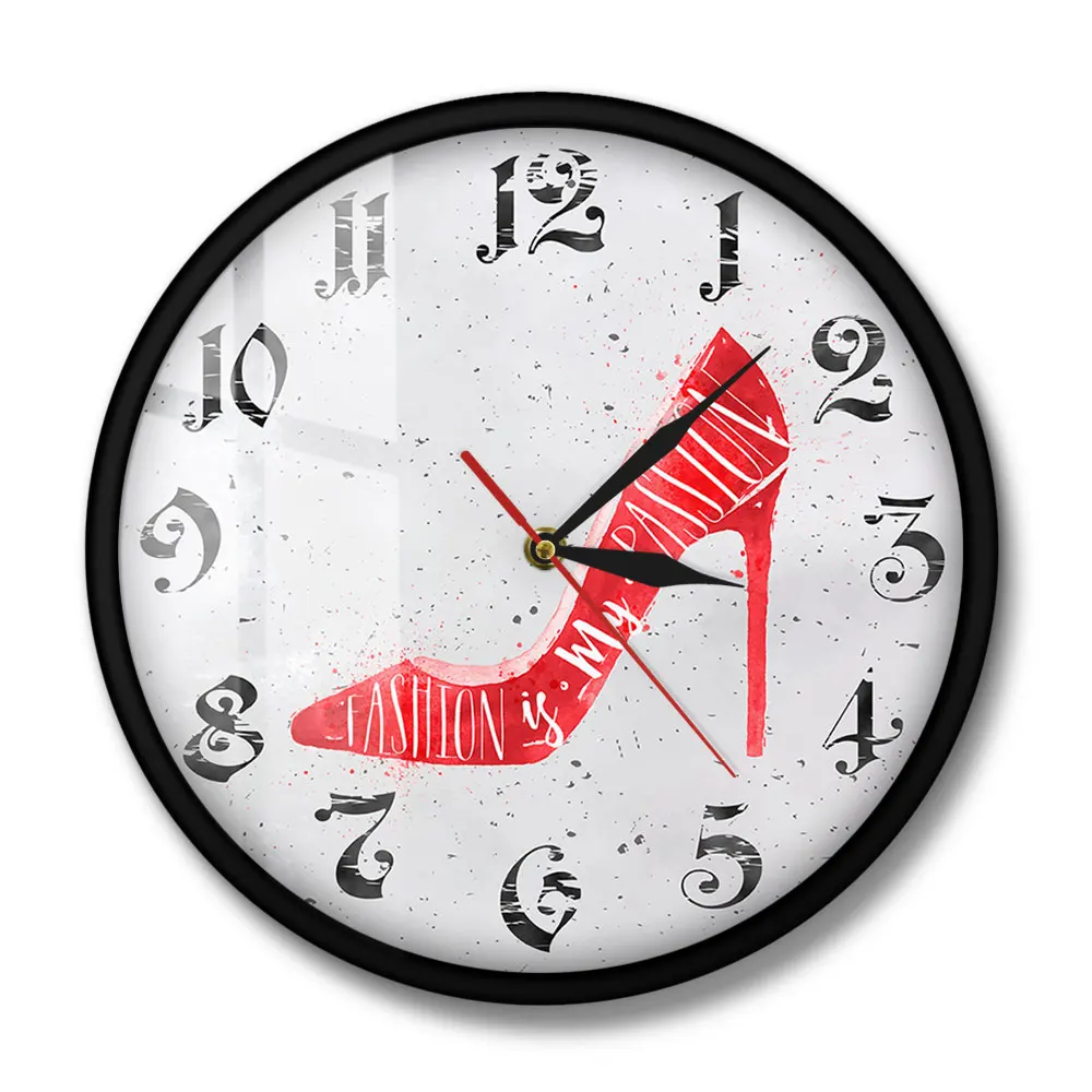 Fashion Is My Passion Fashion Quote Red High Heels Shoes Store Wall Clock Girls Room Decor High-heeled Shoes Designer Timepiece
