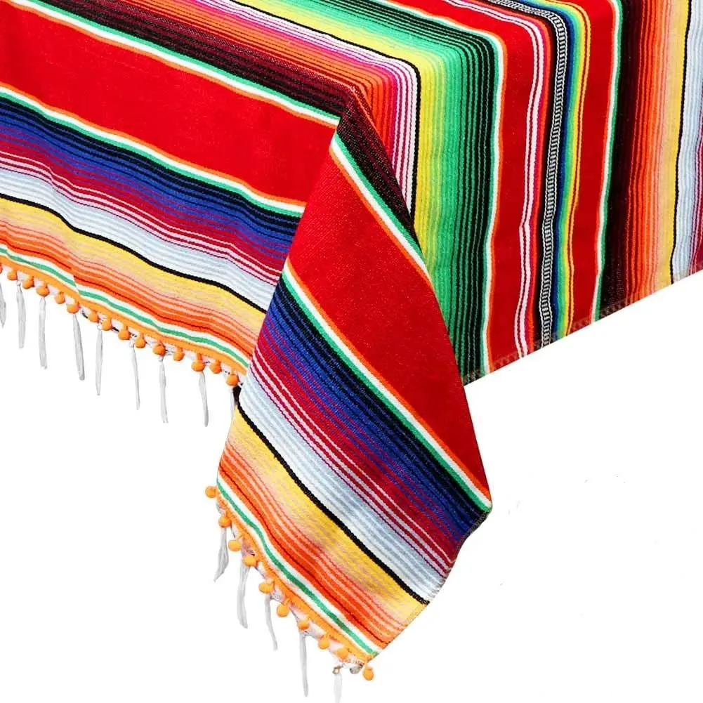 

Mexican Blanket Serape Tablecloth, Upgraded Fiesta Tablecloth 3D Pom Pom Balls Outdoor Table Cover Cinco De Mayo Fiesta 59x84"