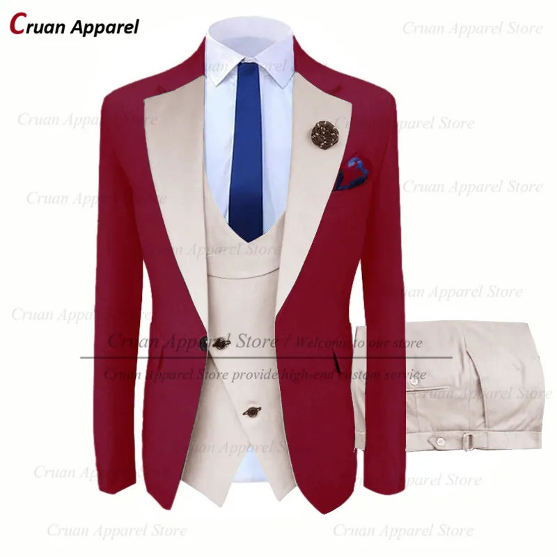 

20 Colors Burgundy Beige Men's Suits for Wedding Slim Groomsmen Groom Tuxedo Tailor-made Fashion Business Blazer Vest Pants 3Pcs