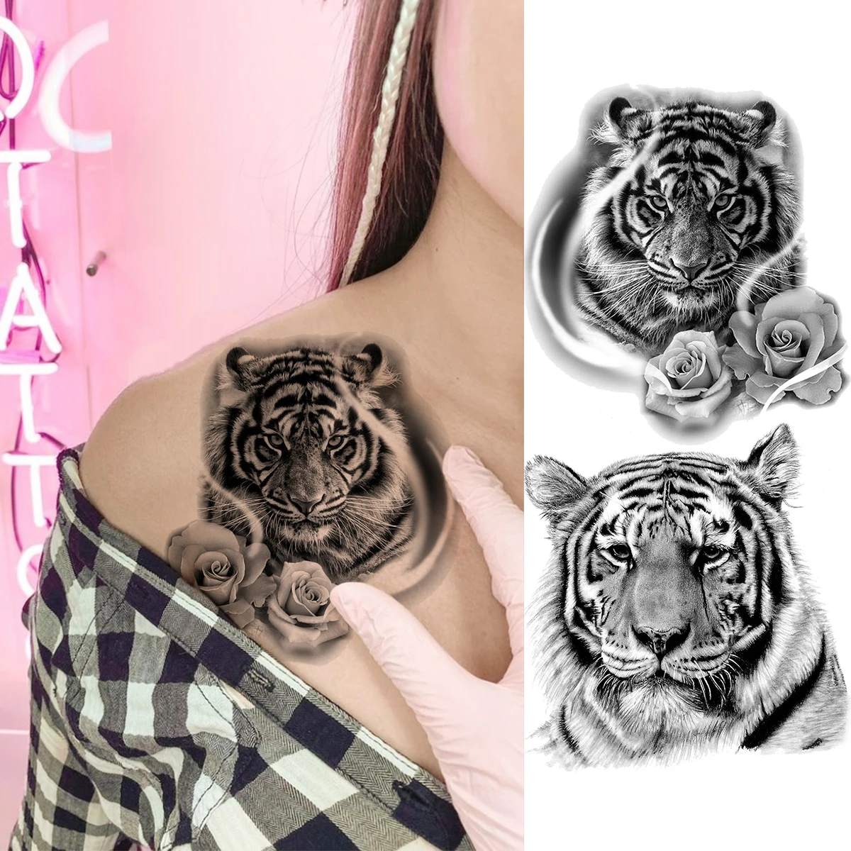 Leão realista rosa flor tatuagens temporárias para mulheres adultas tigre  lobo veado falso tatuagem à moda à prova dwaterproof água tatoos adesivo /  Tatuagem e arte corporal, image size:1200x1200