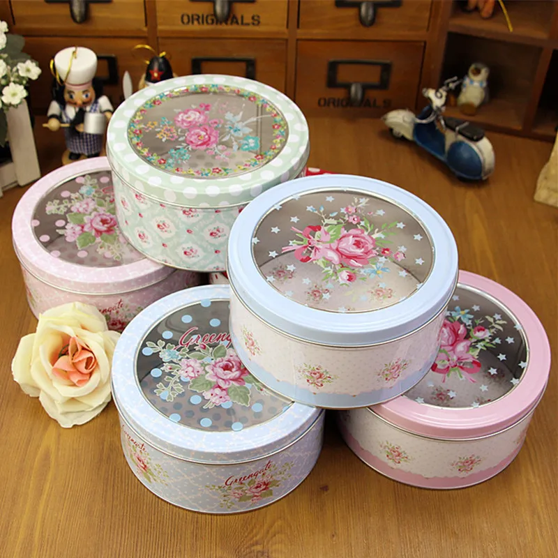 Creative Transparent Sunroof Film Tin Box Medium Floral Round Cookie Gift Box Tea Candy Jewelry Seasoning Storage Box