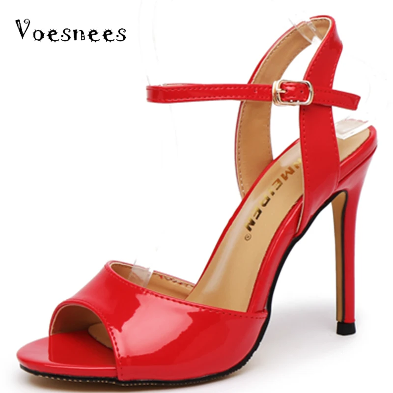 Voesnees Summer 2023 Ladies Fish Mouth Sandals Female Mid-heel 8/10CM Rubber Sole Word Buckle Popular Stiletto High Heels Women