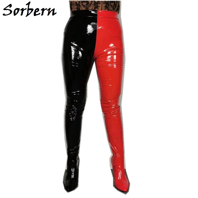 

Sorbern Black And Red Legging Boots With Belt Crotch Thigh High Unisex Boots High Heels Stilettos Low Heels Custom Colors & Legs