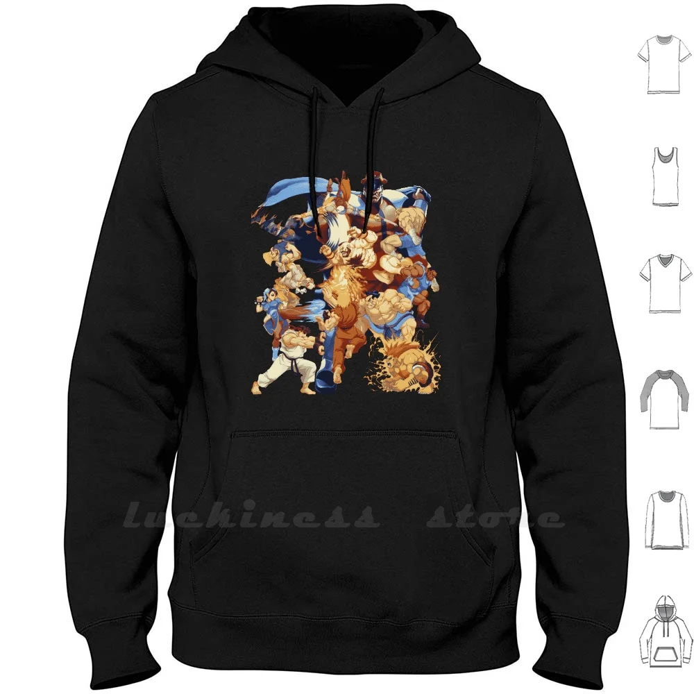 Street Pixelated Attacks Sudadera con capucha hombres mujeres adolescentes algodón Fighter Ryu Ken Hadoken Lucha Bison Vega Chun Li juegos Videojuego