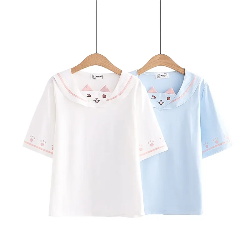 2021 Teen Girls Kawaii Short Sleeve Graphic T-Shirts Women Cute Cat Cartoon Print Tops Vintage Aesthetic Tee White Blue T Shirt