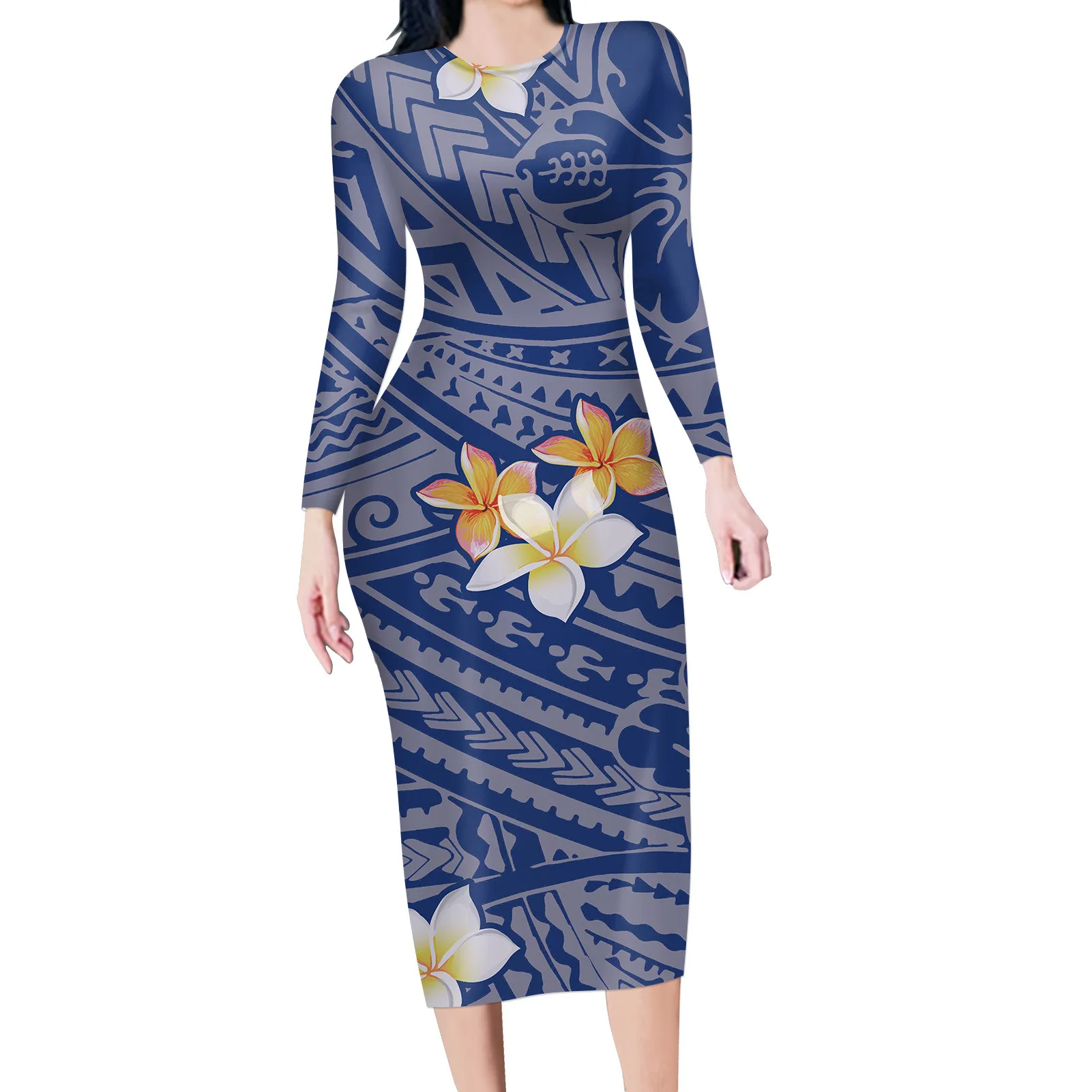 HYCOOL Hibiscus Print Long Sleeve Evening Dress Polynesian Tribal Royal Blue Bodycon Dress Maxi Dresses For Women Summer 2022