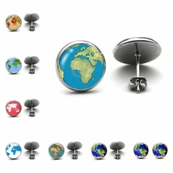 Retro World Earth Studs Earrings World Map Glass Earrings Globe Jewelry World Earth World Travel Stud Earrings for Woman Men
