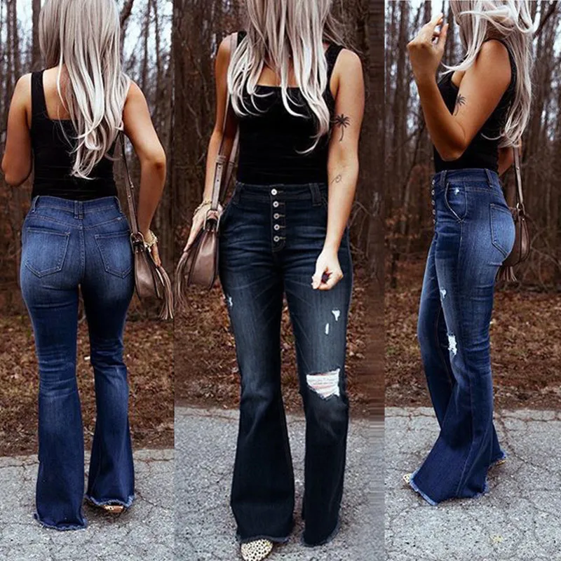 2022 frühjahr Neue frauen Hose Hohe Taille Zerrissene Flare Jeans Mode Dünne Stretch Denim Hosen Blau/Schwarz S-2XL drop Verschiffen