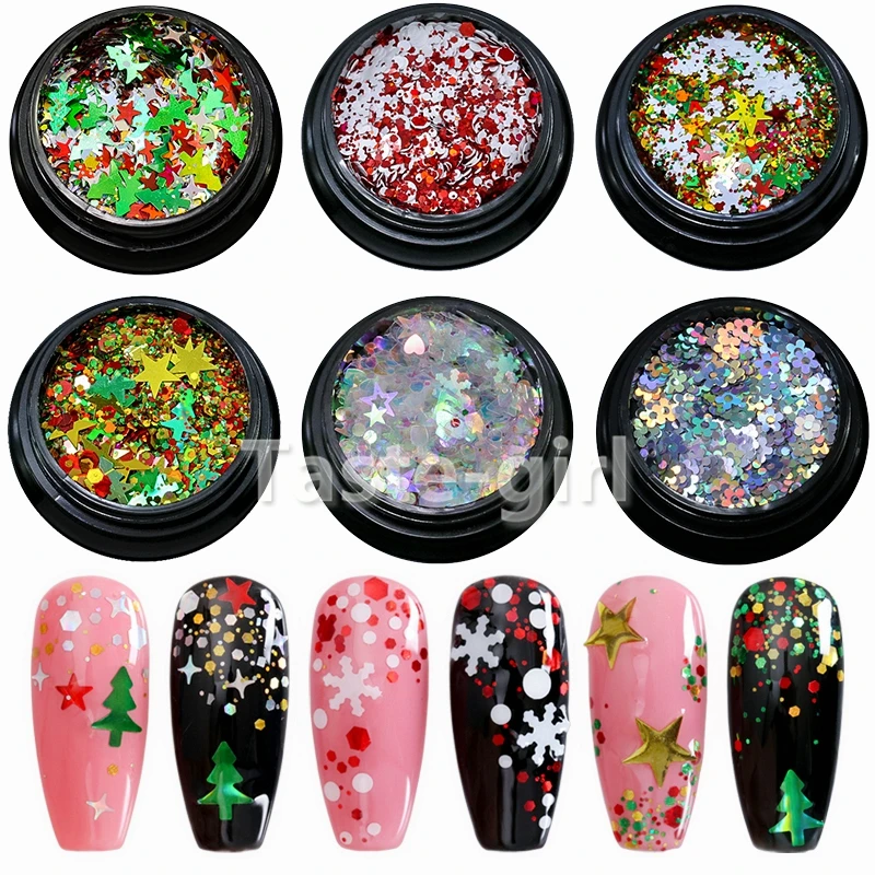 

1 Pot Laser Sequins for Nails Glitter Snowflake Christmas Tree Holographic Flakes Paillette Tool Nail Art Decoration Manicure