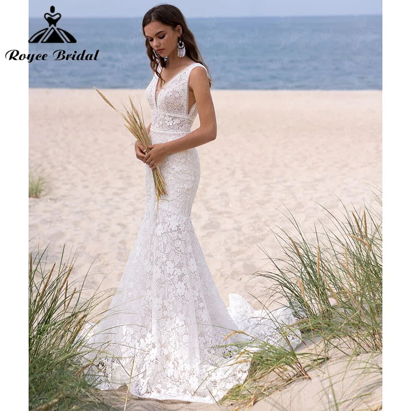 Áo Dây Mariée Sirene Boho Đi Biển Nàng Tiên Cá Ren Không Tay Cổ V Áo Váy Hở Lưng Càn Quét Tàu Đầm Vestido De Boda Corte Sirena