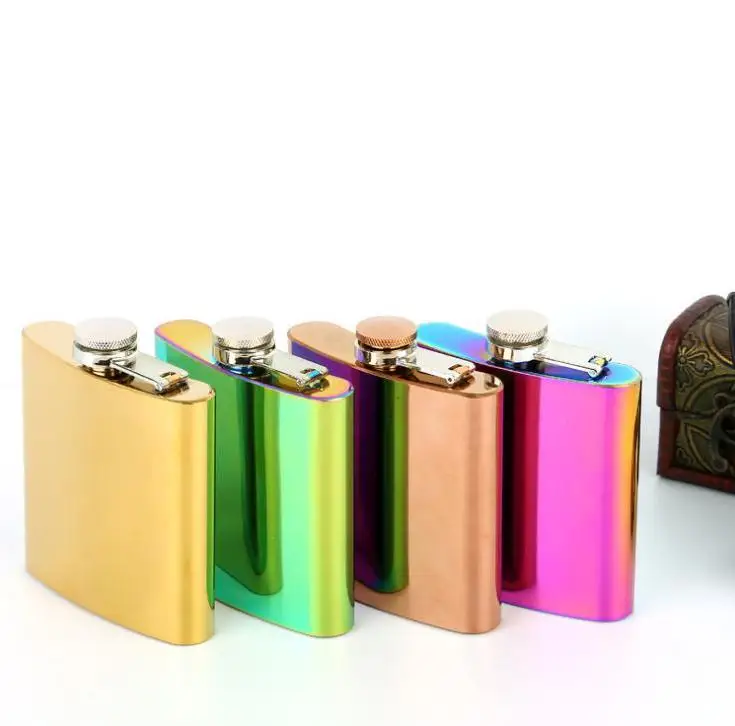 20pcs 6oz Rainbow Colored Hip Flask Gold Plated Gradient Color Stainless Steel Flask Screw Cap Whiskey Wine Bottle Wholesale