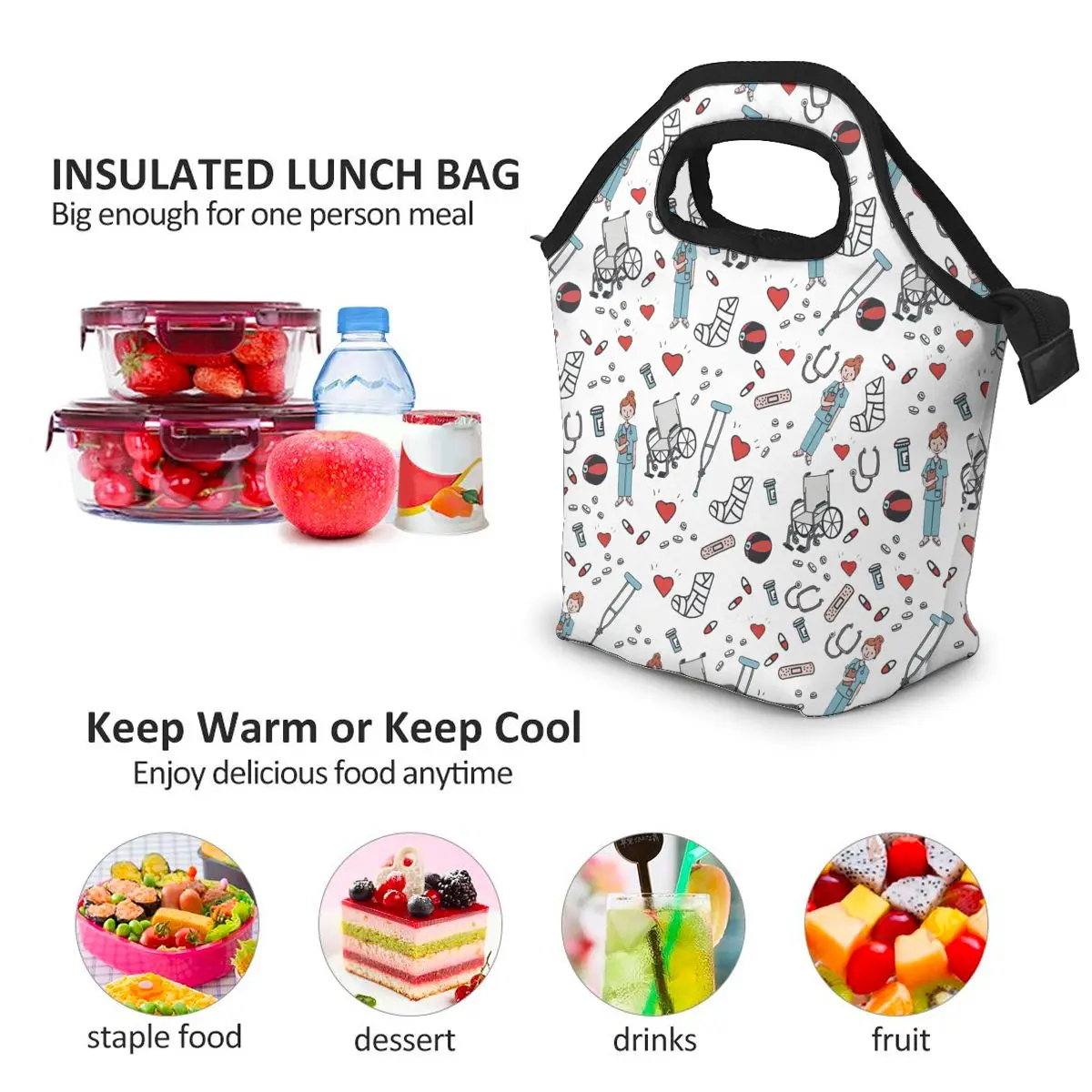 

Portable Nurse Bag Thermal Insulated Lunch Tote Cartoon Sketch Physio Print Cooler Bento Pouch Lunch Container Food Storage Bags