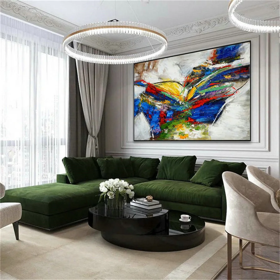 100% رسمت باليد الأزرق الملمس جدارية سميكة النفط اللوحة على قماش ملون أفقي اليدوية مجردة الملونة جدار صورة فنية