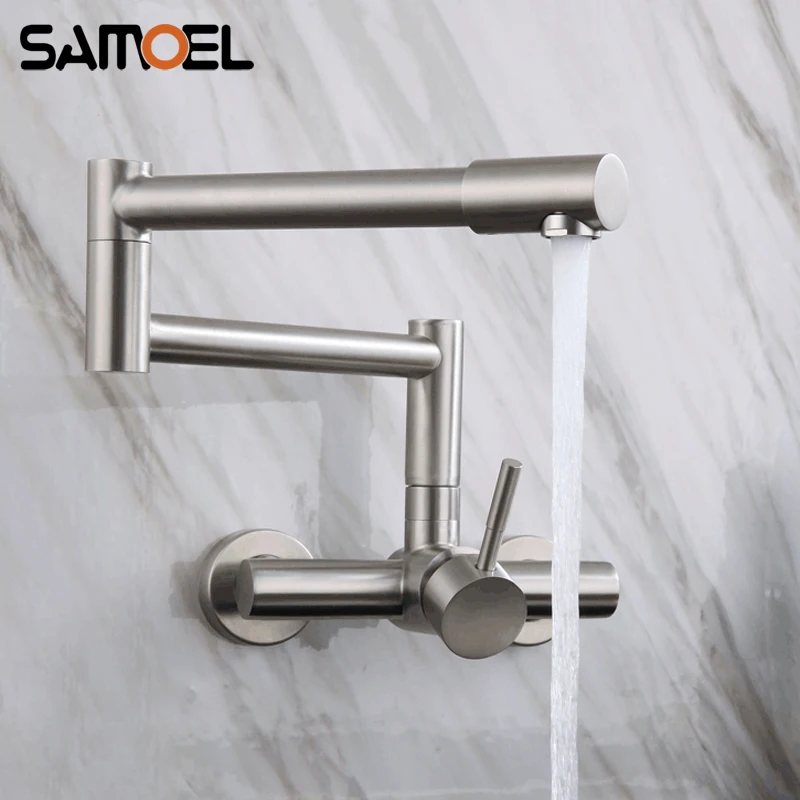 

Stainless Steel Wall-mounted Dual-hole Single Handle Brushed Folding Kitchen Sink Faucet Mixer 360° Rotating NL727