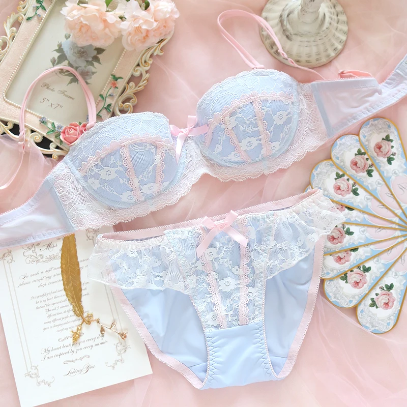 

My melody Underwear sweet and cute lace lingerie with briefs girl heart fresh steel ring gathered thin bra set large size bra