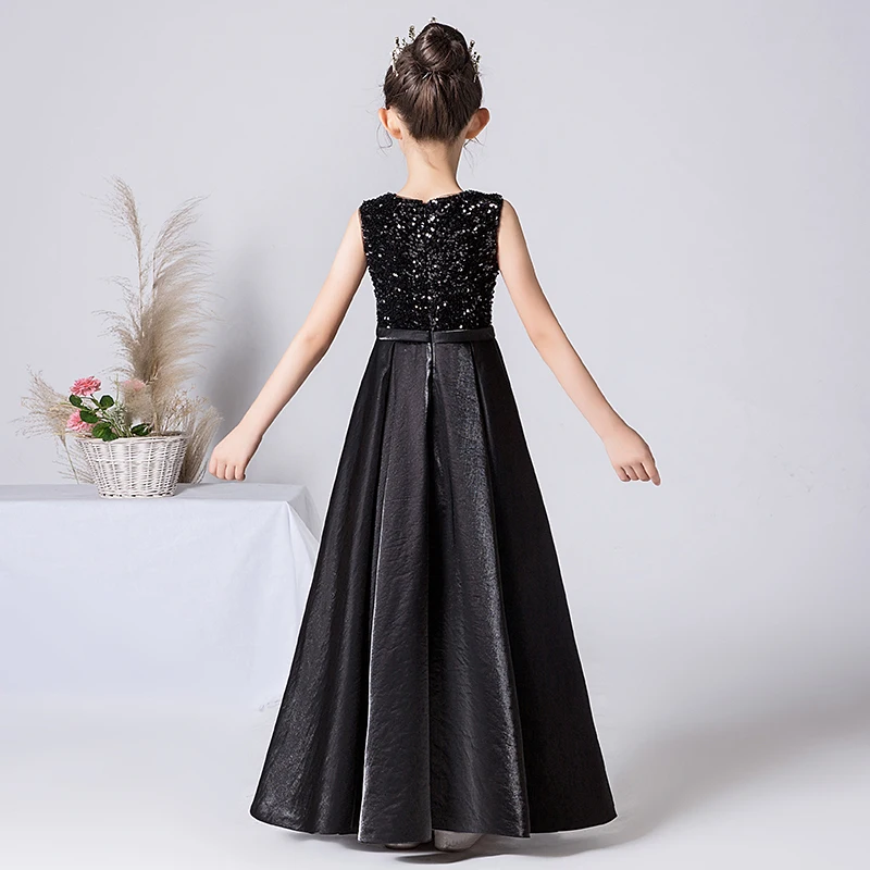 Dideyttawl, vestido Formal personalizado de satén con lentejuelas brillantes para niñas, vestidos largos de fiesta de cumpleaños, vestido de princesa para niñas, negro, azul marino