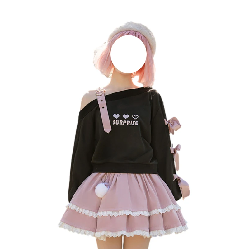 Lolita Cute Heart Black Off Shoulder Hoodies Women Girls White Gothic Kawaii Harajuku Cropped Sweatshirts Aesthetic Streetwear