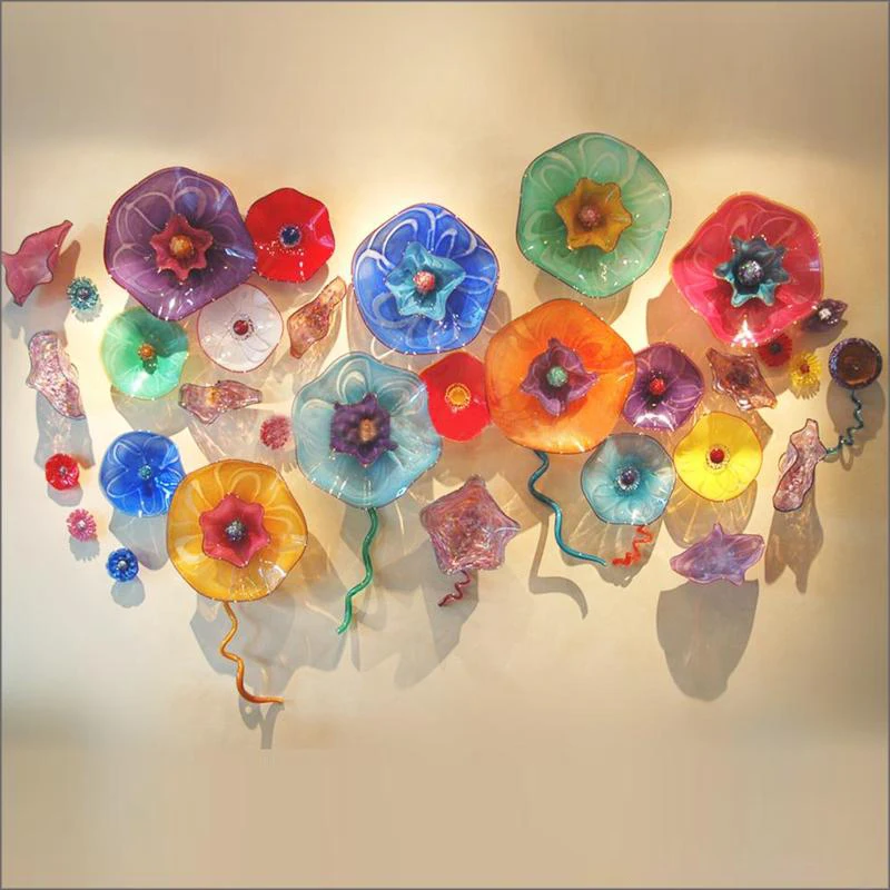 Modern Hand Blown Glass Wall Art Murano Flower Plates 3 Layers Colored Art Decoration Diameter 15 to 35 CM