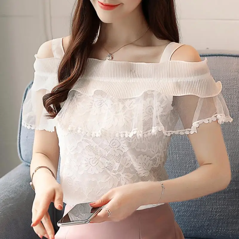 2024 New Summer Women Fashion Elegant Lace Floral Hollow Out T Shirts Tops Female Casual Solid Color Off Shoulder Ruffles Tee