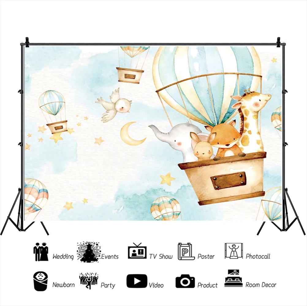 Laeacco-写真,背景,漫画,動物,空の空気,風船のスターポスター,パーソナライズされたバナー,子供の写真の背景