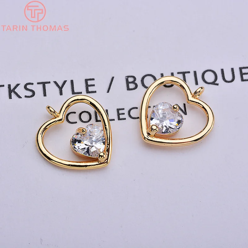 (1881)6PCS 12x11MM 24K Gold Color Plated Brass with Zircon Heart Pendants Charms High Quality DIY Jewelry Making Findings