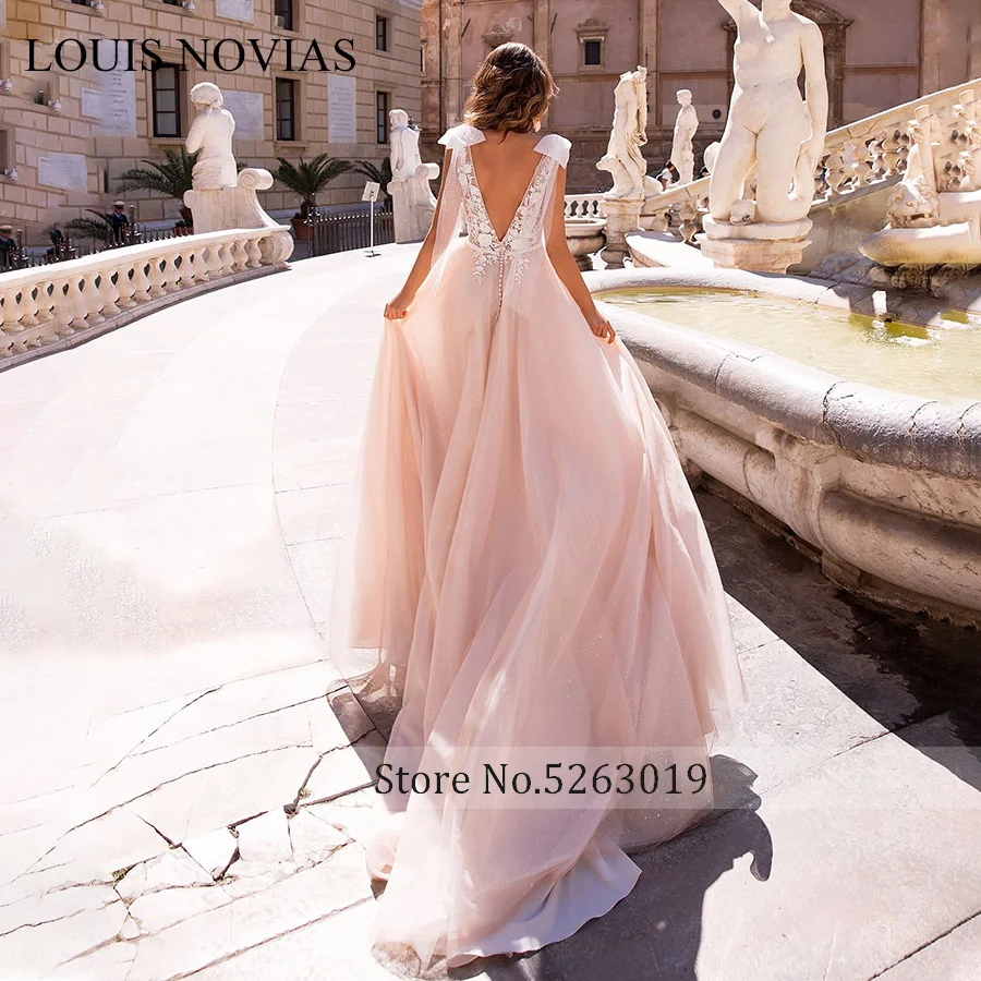 Louis Novias Chữ V Gợi Cảm Lãng Mạn Hở Lưng Chữ A Áo Cưới Năm 2019 Đính Hạt Appliques 3D Hoa Áo Cưới Đầm Vestido De Novia