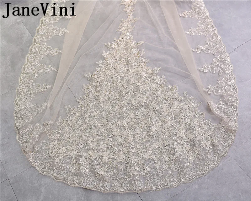 JaneVini Elegante Champagne Lantejoulas Véus de Noiva Pente 3 Metros Uma Camada Catedral Véu Do Casamento de Comprimento com Lantejoulas Borda Do Laço Véu