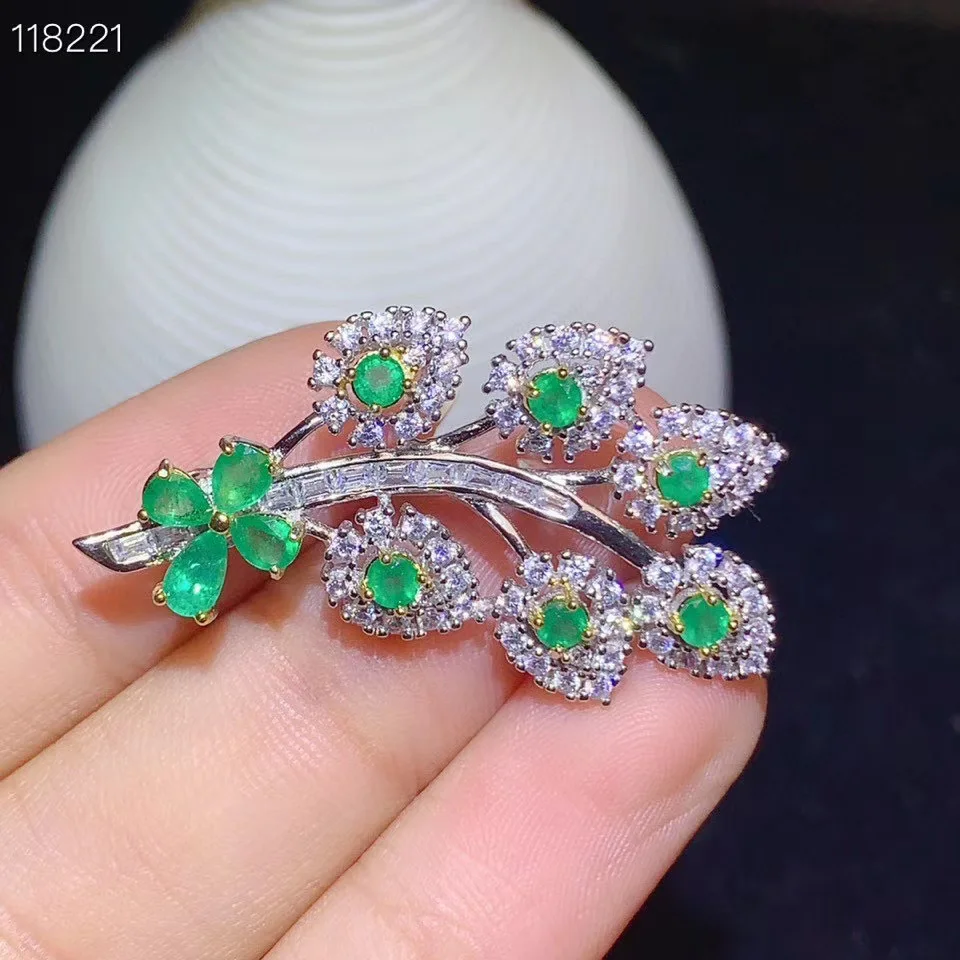 Natural emerald brooch, Colombian emerald, precious gemstone, dual-use style, 925 silver quality