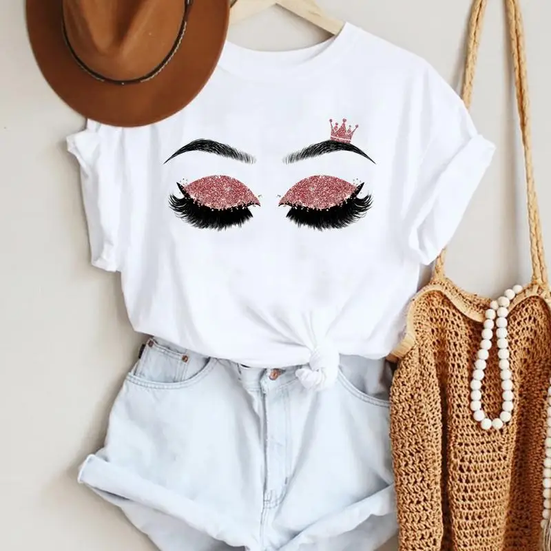 Make Up Letter Funny New Eye Eyelash Fashion Cartoon Summer Lady Print Tee Stylish T Top  Tshirts 2021 Women Clothes