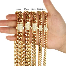 6-14mm Stainless Steel Round Cuban Miami Chains Necklaces CZ Zircon Box Lock Big Heavy Link Chain for Men Hip Hop Rapper jewelry