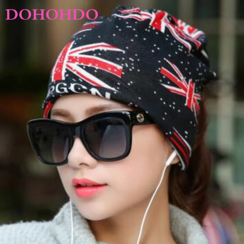 DOHOHDO New Fashion  Hat Scarf Knit 21 Colors Women Beanies Caps Spring Women Beanie Hat For Women Caps 3 Way To Wear Bonnet