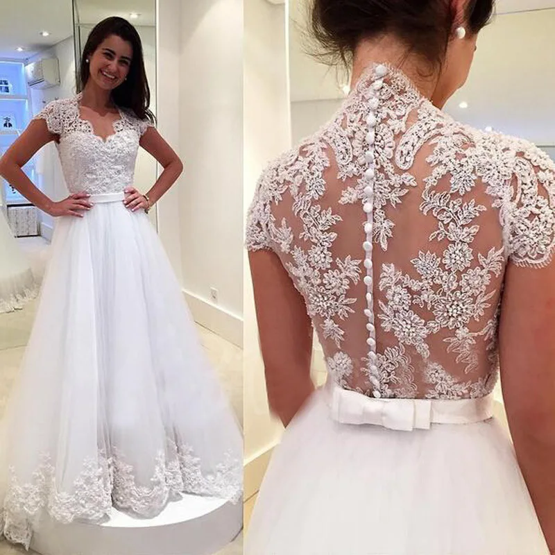 Koreanische Indonesien Hochzeit Kleider Kurzarm Boho Hochzeit Kleid 2020 Mit Appliques Weiß EINE Linie V-ausschnitt Tüll Gypsy Braut spitze