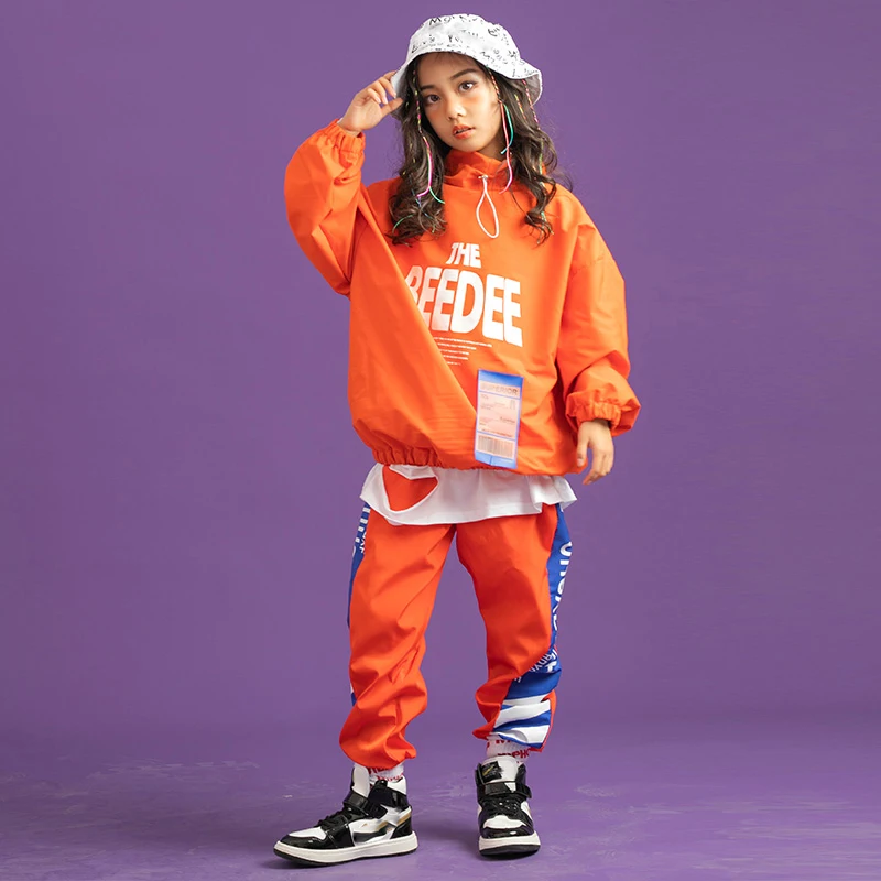 Children Hip Hop Dance Costumes For Kids Orange Jacket Hiphop Suit Girls Jazz Street Dance Wear Outfits Rave Clothes DQS6668