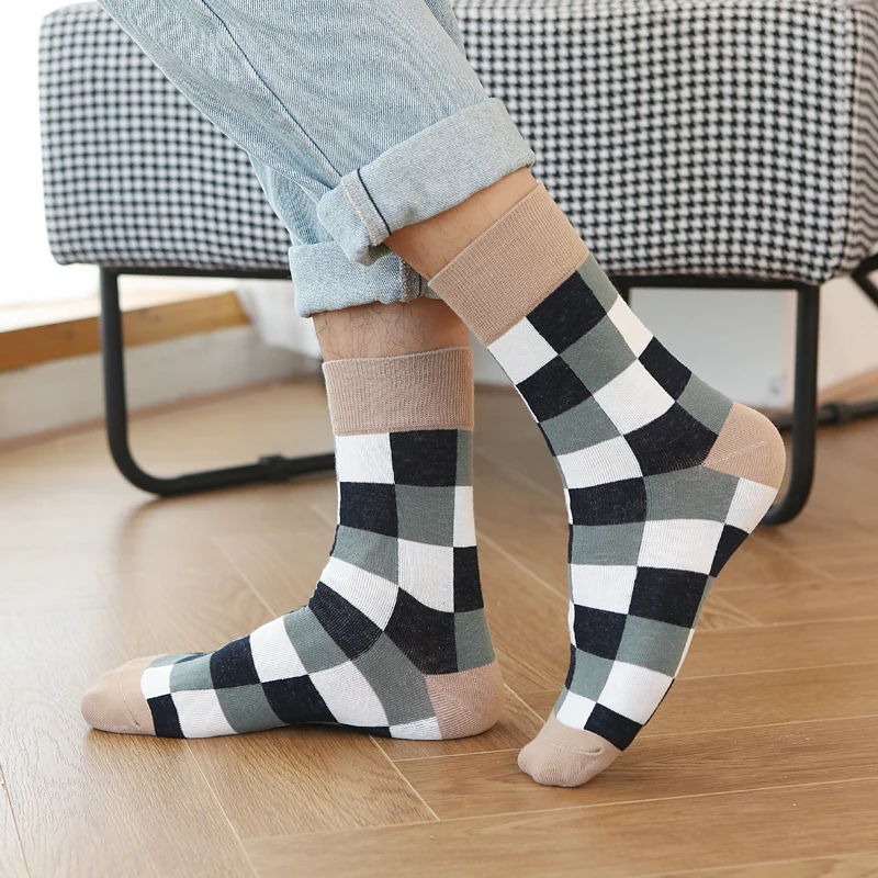 5Pair-pack New Men's Socks Colorful Grid Sock Casual Business High Quality Happy Combed Cotton Socks Fashion Gentleman Socks Men