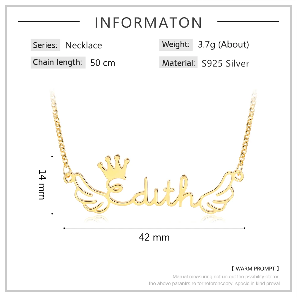 JewelOra 925 Sterling Silver Personalized Wings Nameplate with Crown Custom Name Pendant Necklace S925 Silver Jewelry Gifts