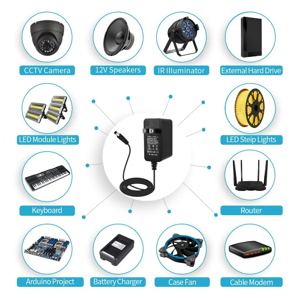 Fuente de alimentación adaptadora para videovigilancia, transformador de luz LED de 2,1-2,5mm x 5,5mm, CA de 110V/220V a CC de 5V, 12V y 24V,