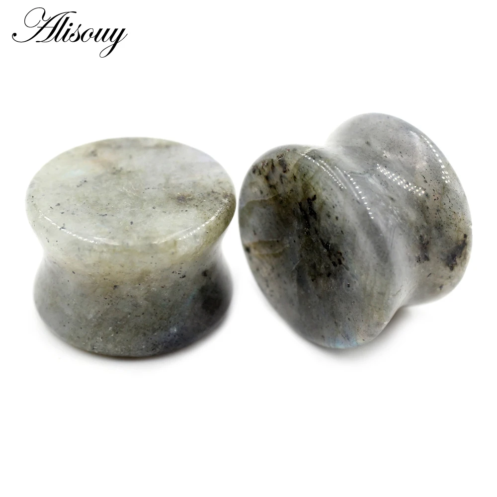 Alisouy 2pcs 6-22mm Round Natural Spectrolite Stone Ear Tunnels Plugs Expander Stretcher Earrings Gauges Body Piercing Jewelry