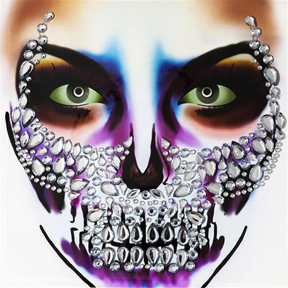 1 Pcs Halloween Body Art Makeup Party Festival Skull Bone Face Jewel Makeup Sticker For Carnival Night Clubbing Holiday Gift