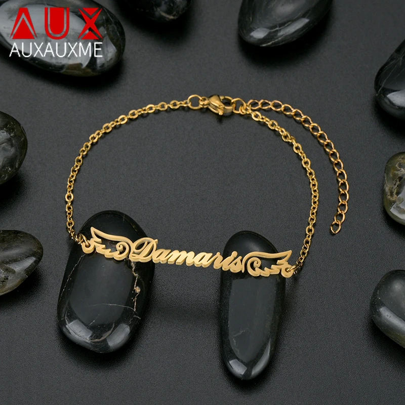 

Auxauxme Custom Name Wing Bracelet Charms Stainless Steel Gold Color for Women Kids Personalized Nameplate Jewelry Gifts