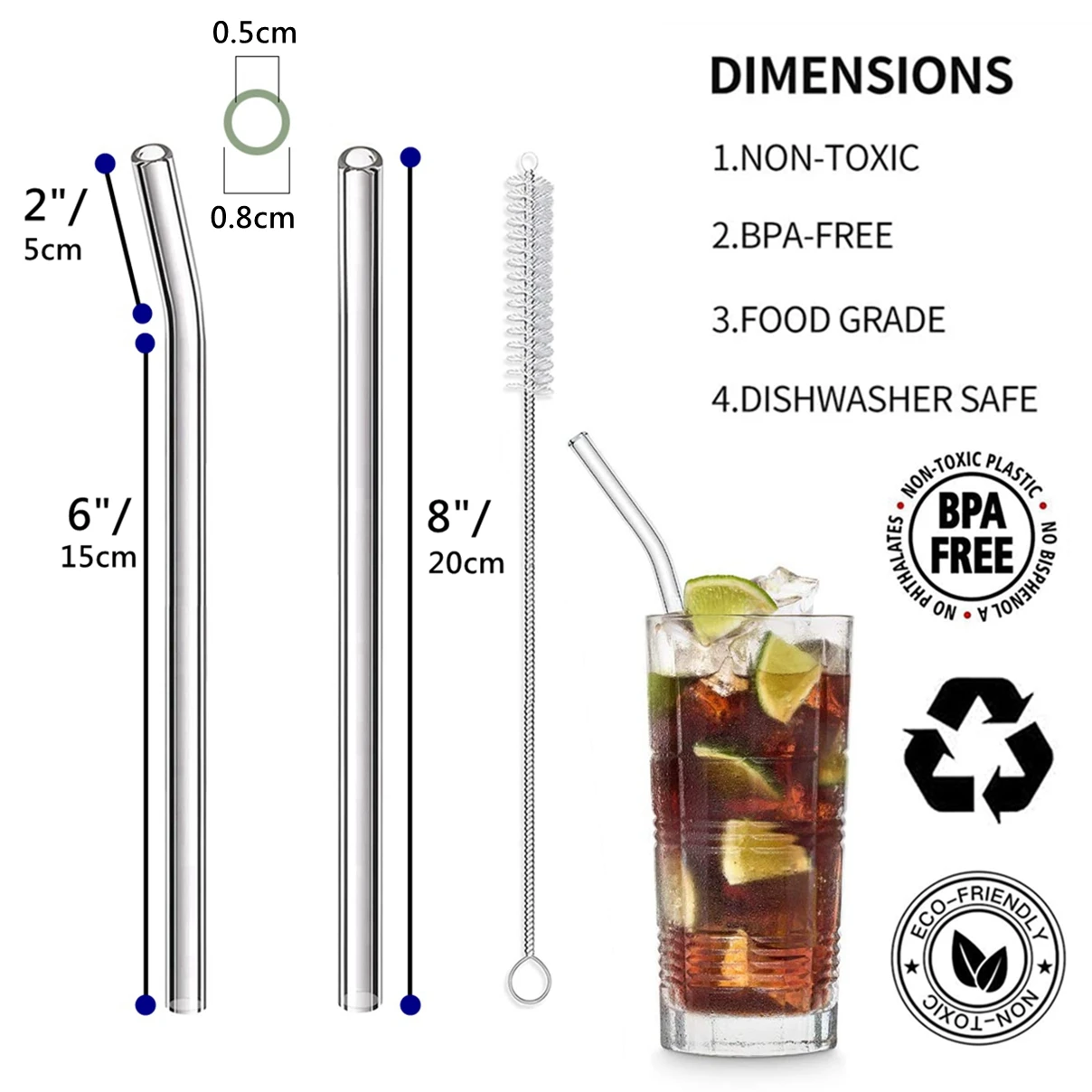 8 Colors Reusable Glass Straws 8mm Straight Bent Glass Drinking Straws Eco Friendly Glass Straws for Beverages Milk Cocktail