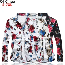 Camisa de manga comprida com estampa floral fina masculina, vestido casual, marca de moda, festa, férias, plus size, 7XL, outono, 2020