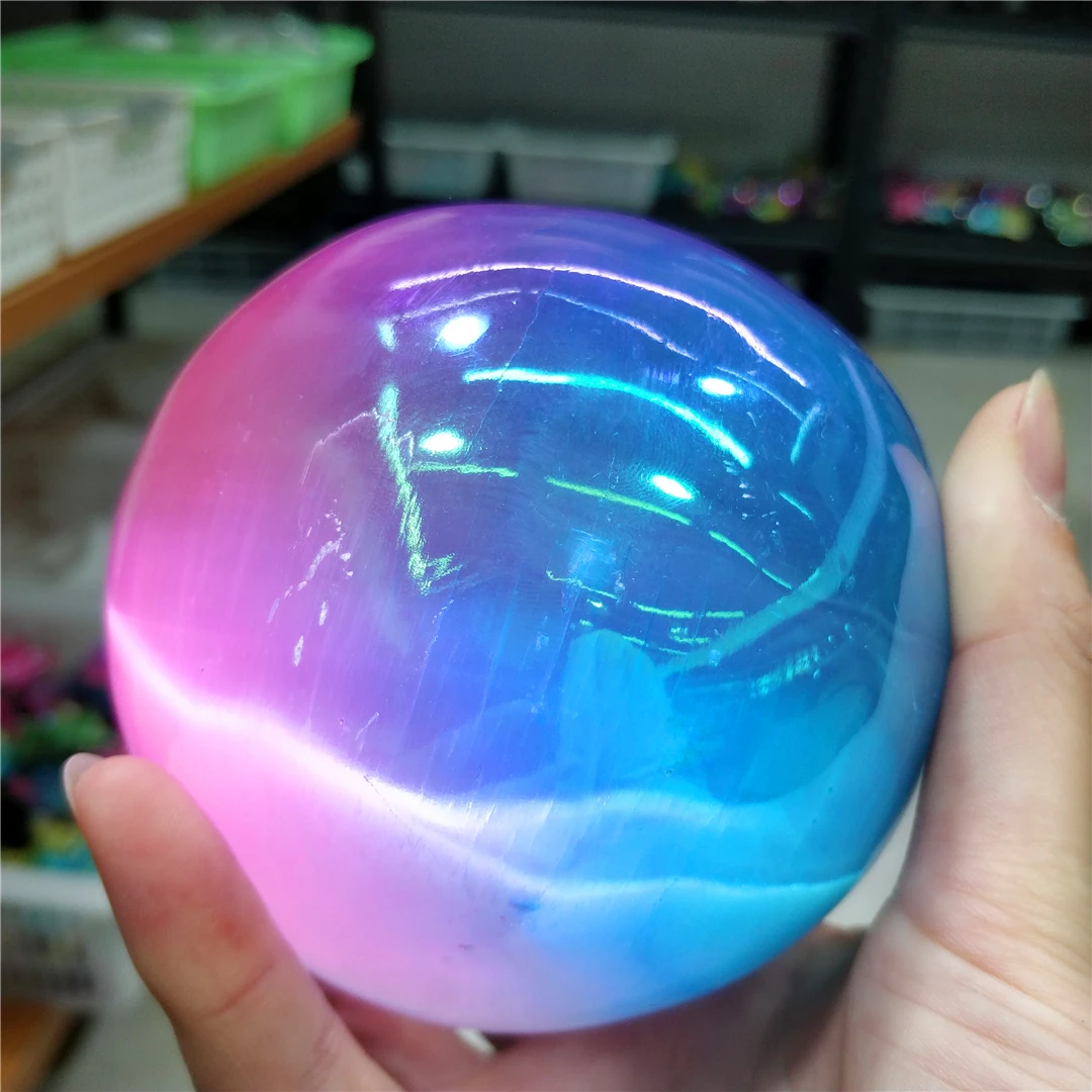 1KG Natural Pink Blue Electroplated Selenite Quartz Cat Eye Sphere Gypsum Mineral Crystal Ball Desk Furnishings Reiki Decoration