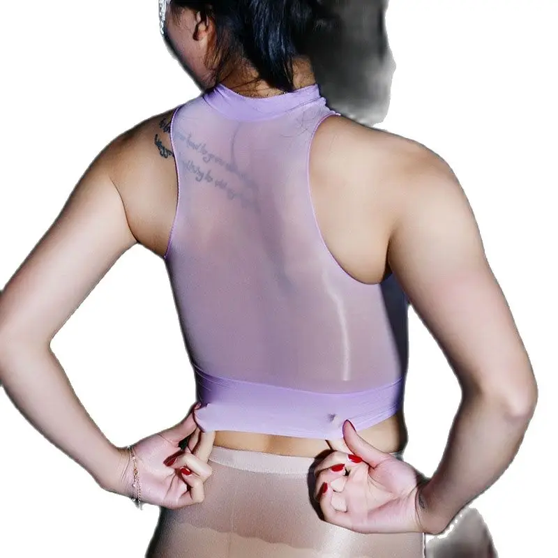 Oil Glossy Shiny Sleeveless Bustier Crop Top Women Sexy Nylons Tank Tops Cropped Feminino Croptop See Through Transparent Camis