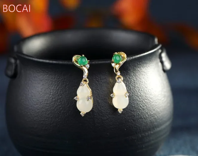 

S925 sterling silver gold-plated inlaid Hetian white jade gourd simple temperament elegant high-end female earrings