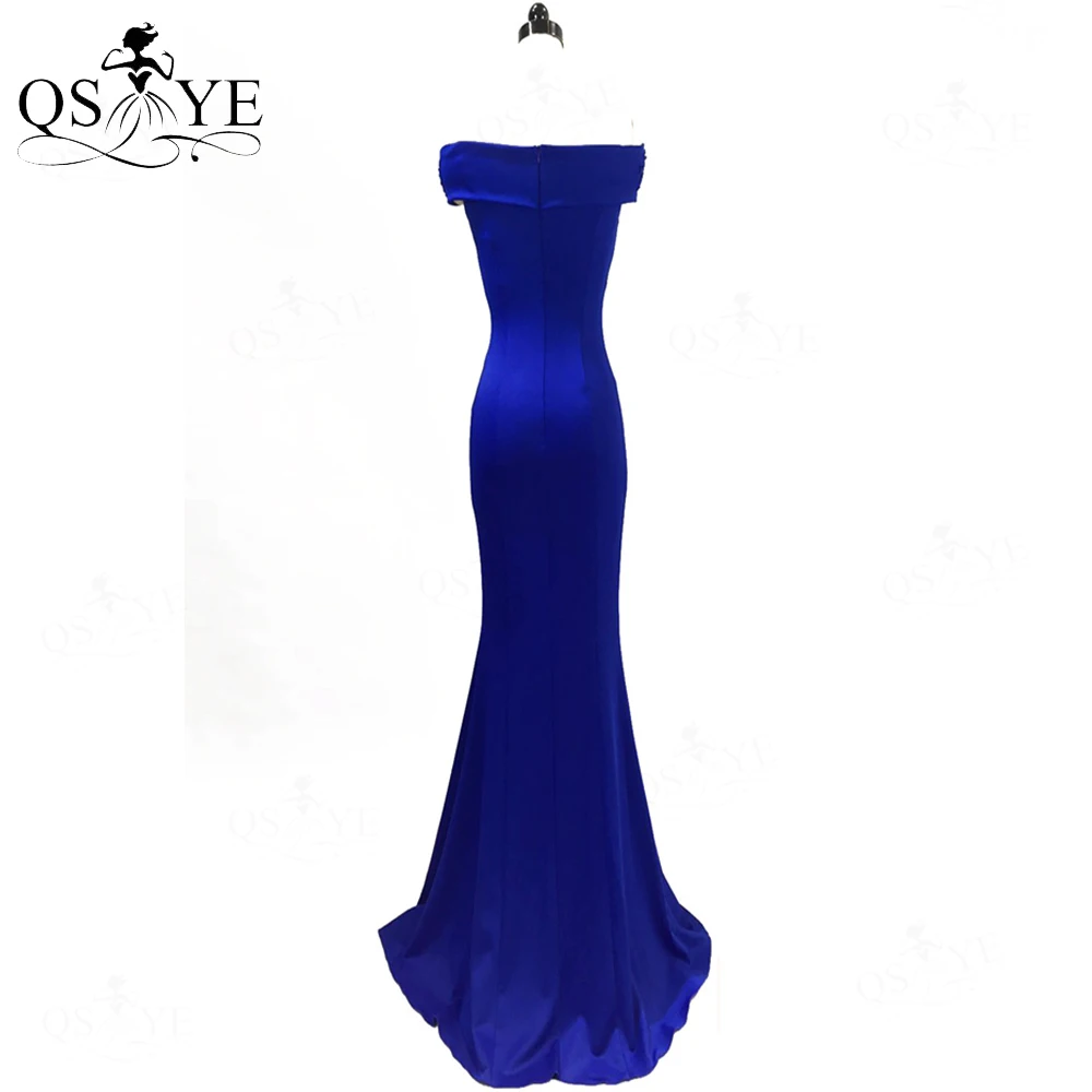 Vestido de noche de encaje con cuentas de sirena para mujer, Vestido de fiesta largo ajustado, Vestido de dama de honor, sin hombros, Azul Real