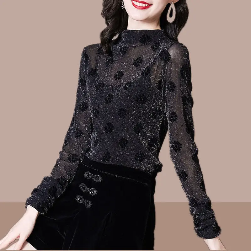 Women\'s Spring Autumn Style Blouse Shirt Women\'s Turtleneck Polka Dot Long Sleeve Sequined Korean Elegant Tops SP1096