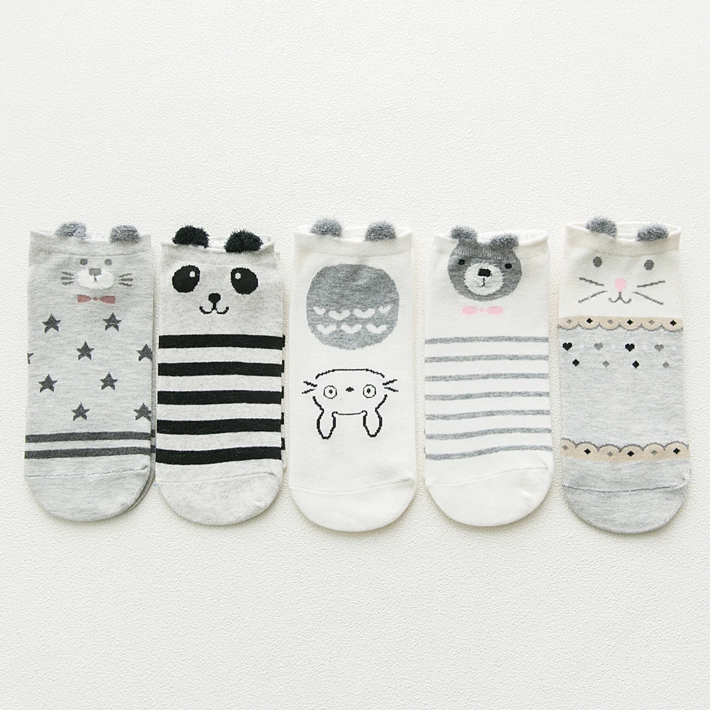 

5 Pairs/Lot Cotton Women Socks Cat Panda Stereo Ears Funny Color Japanese Cute Cartoon Casual Short Boat