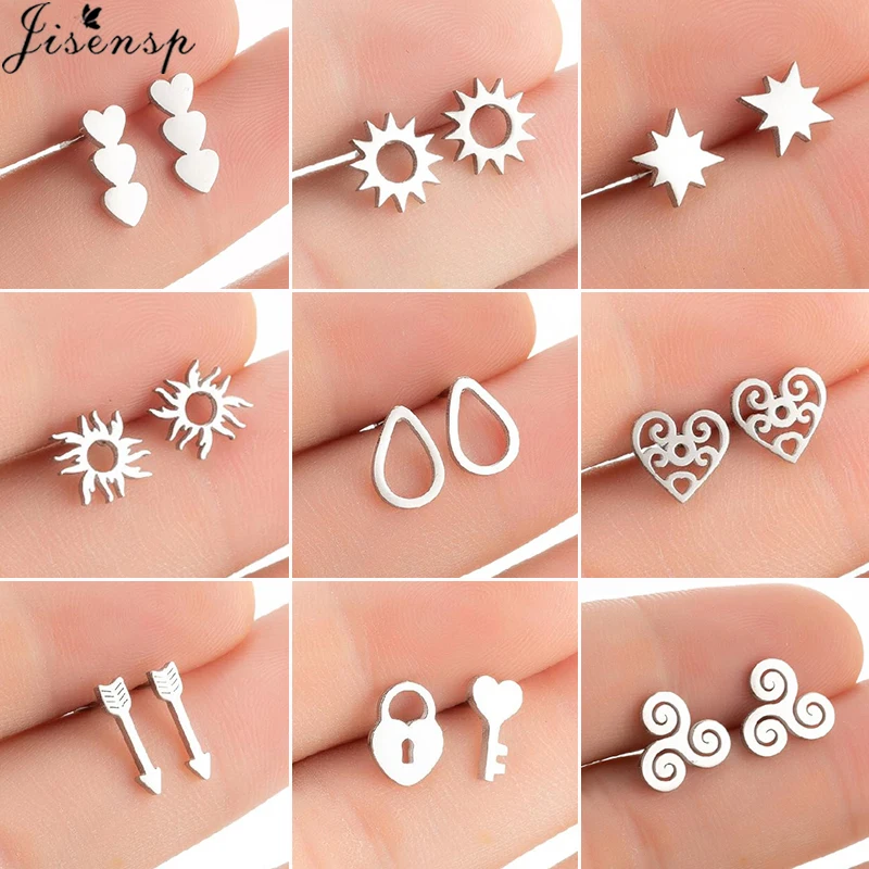 Ethnic Sun Totem Stud Earrings Personality Stainless Steel Heart Key Lock Arrow Earings for Women Geometric Jewelry Oorbellen